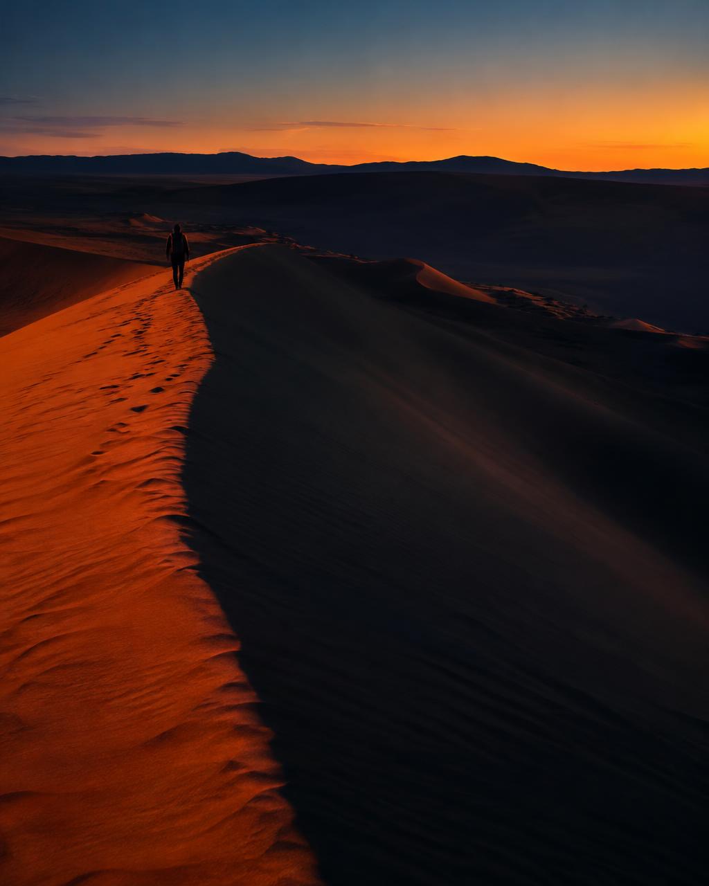 Walker on a dune ridge at dusk