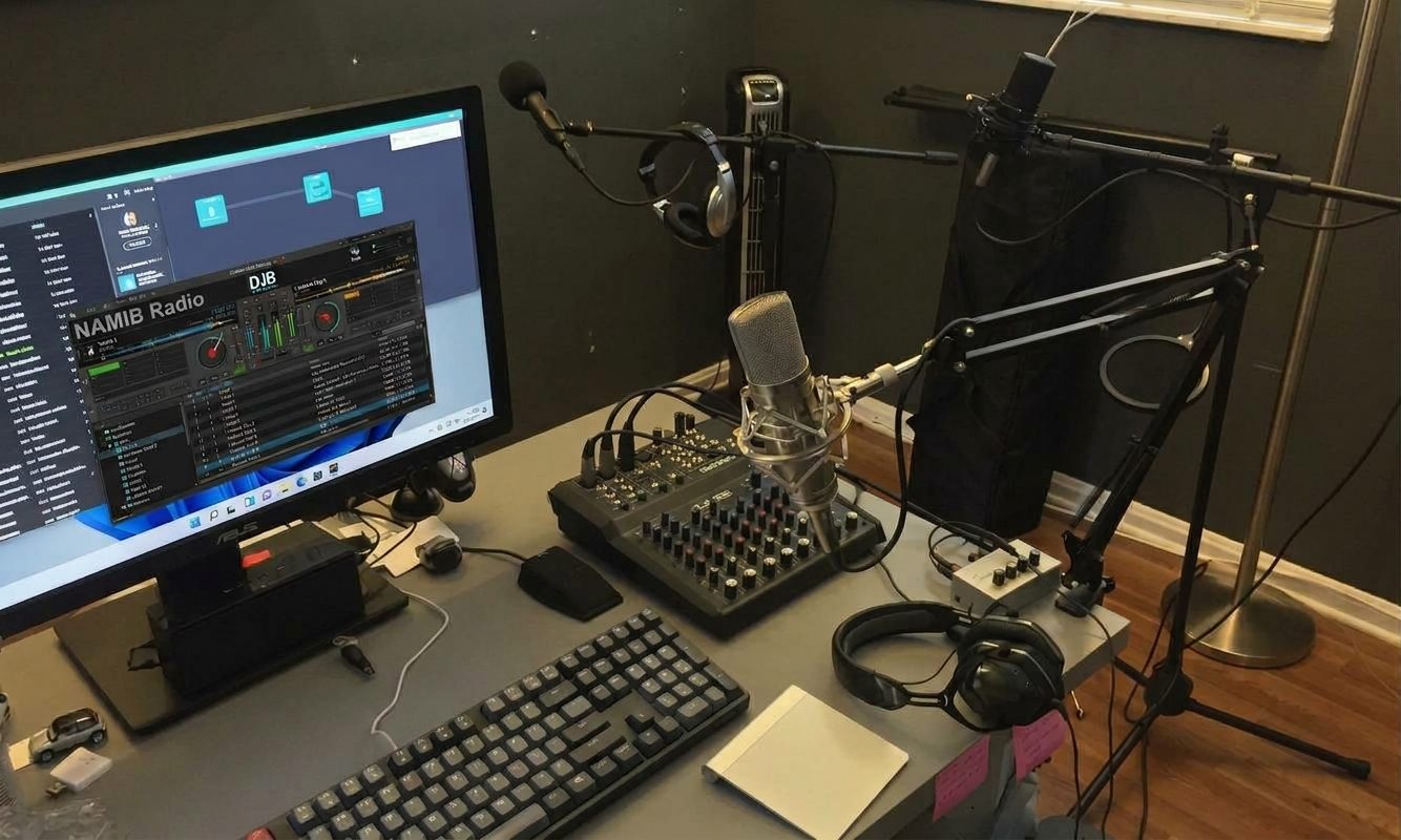 The Namib Radio studio: mixing desk, microphones and the on-air screen